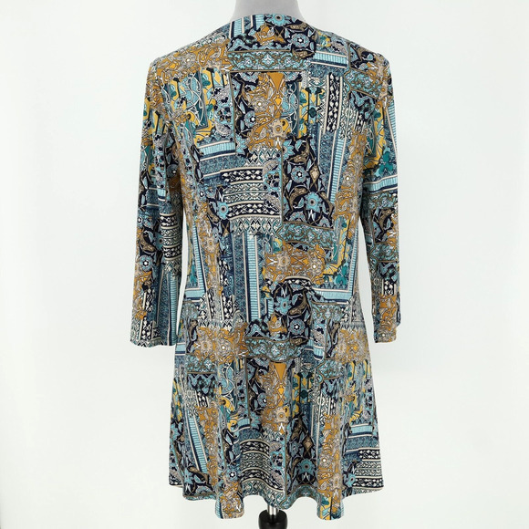 Chicos Top 0 Womens Small Blue Black Neck Beads Stretch Knit Blouse Tunic - Picture 2 of 14